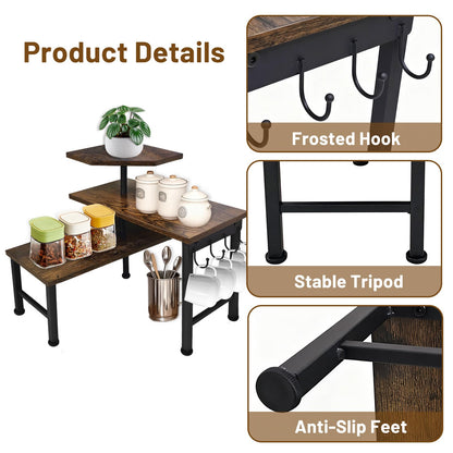 Kitchen Countertop Organizer, 3 Tier Moveable Corner Shelf Kitchen Shelf with Hook, Countertop Organizer for Bathroom, Spice Rack, Bookshelf, Coffee Area, Dresser Table (Brown)