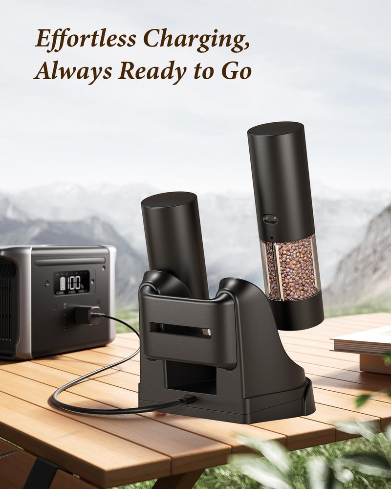 Electric Salt and Pepper Grinder Set - Automatic Refillable Salt and Pepper Grinders with Charging Base & LED Light, Adjustable Coarseness, One-handed Easy Operation, Ideal Kitchen Gadget