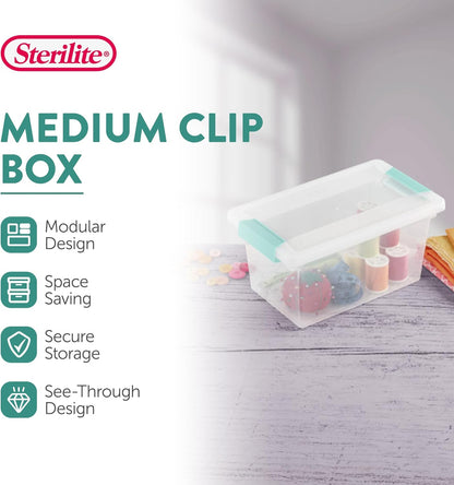 Sterilite Medium Clip Box, 4-Pack Stackable Small Storage Bin with Latching Lid, Clear Plastic Container for Office,