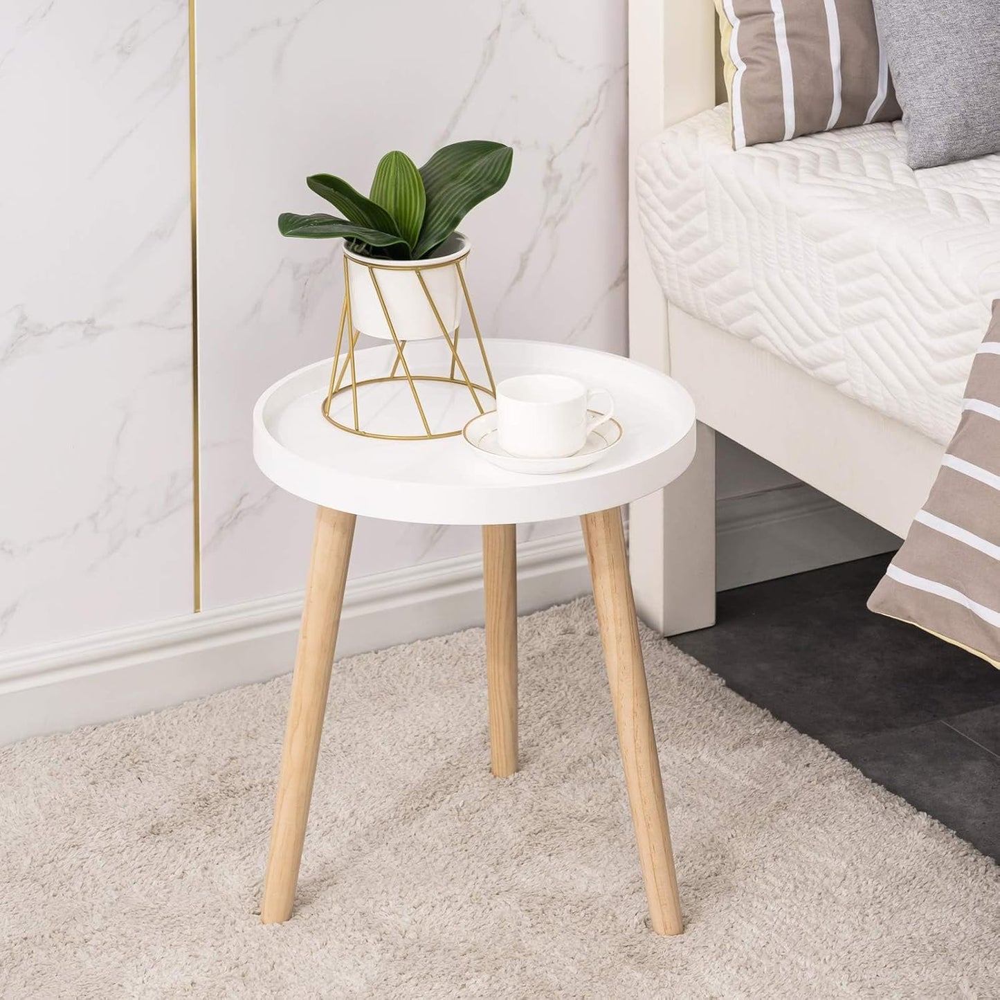 15 18 Inches Apicizon Round Side Table, White Tray Nightstand Coffee End Table for Living Room, Bedroom, Small Spaces