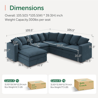 HONBAY Modular Sectional Sofa, 6 Seat U Shaped Corduroy Couch with Storage & Pillows, Convertible Sectional Couches for Living Room, Blue