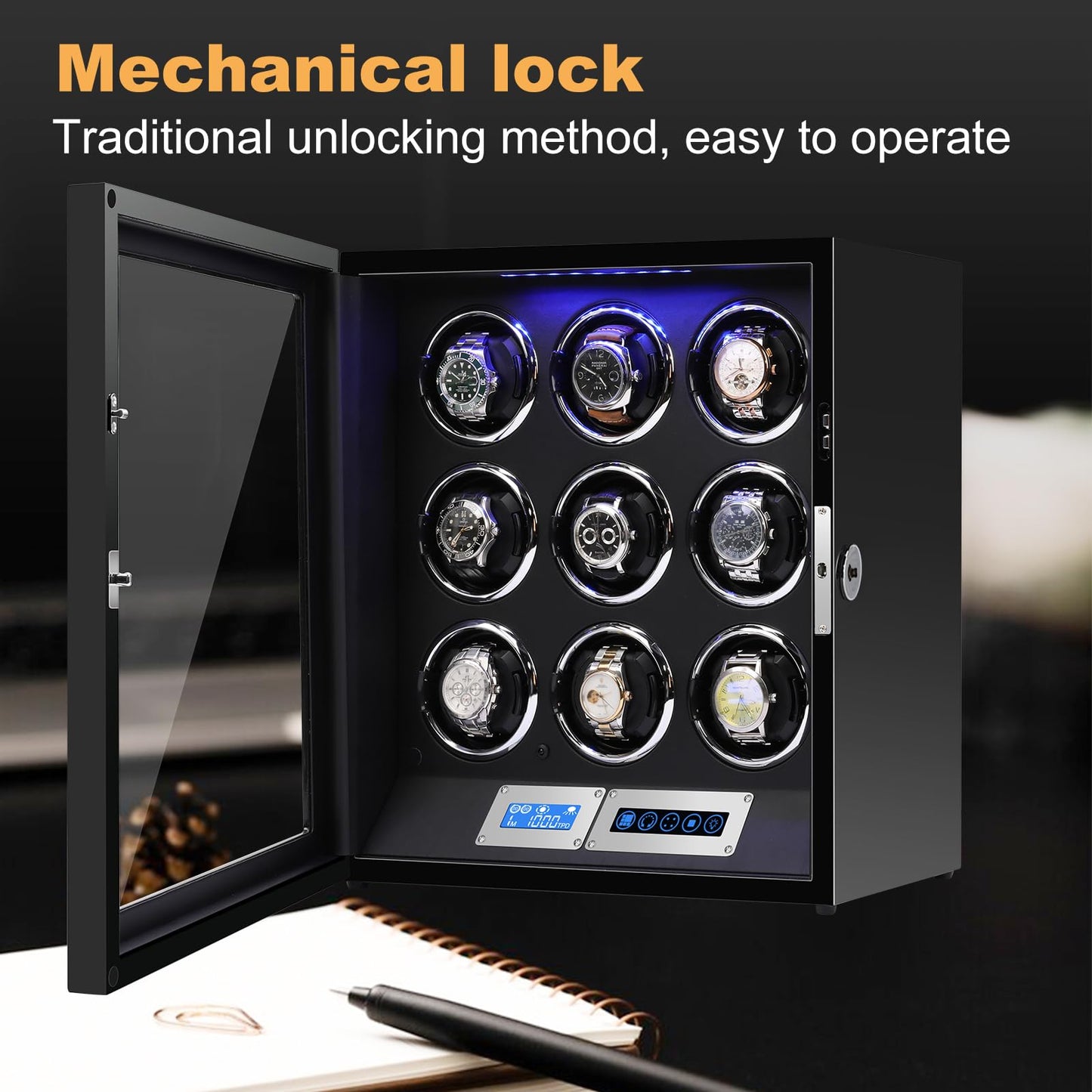 SNEOLTJN Watch Winder for 9 Slots Automatic Watches,Ultra-Quiet Japanese Motors, Built-in LED Illumination and LCD Touchscreen Control