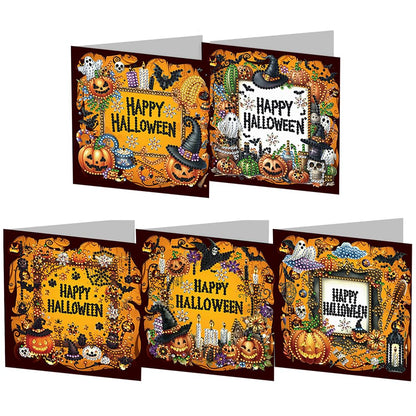 5D DIY Diamond Painting Greeting Card Kit, Diamond Art Halloween Pumpkin Gnome Holiday Greeting Card, Art Crafts Kit Creative Gift with Envelope (5pcs-Black)