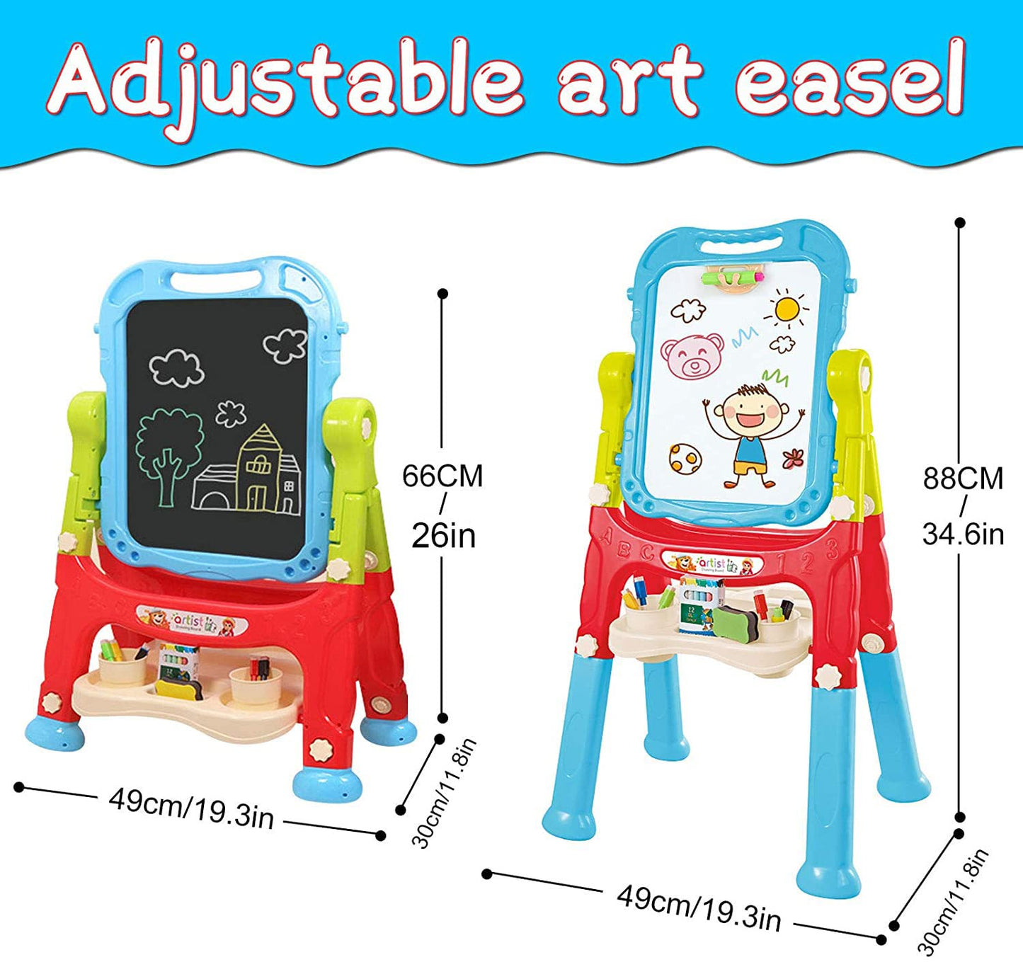 Mojitodon Easel for Kids,Rotatable Double Sided Adjustable Standing Art Easel with Painting Accessories for Toddlers Boys and Girls-Blue