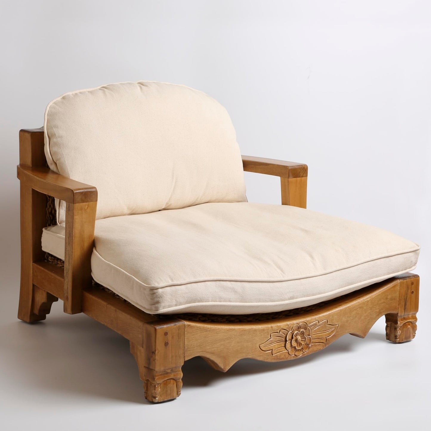 Harmony In Design Raja Meditation Chair, Handcrafted Wooden Frame with Floral Carving, Back Support,
