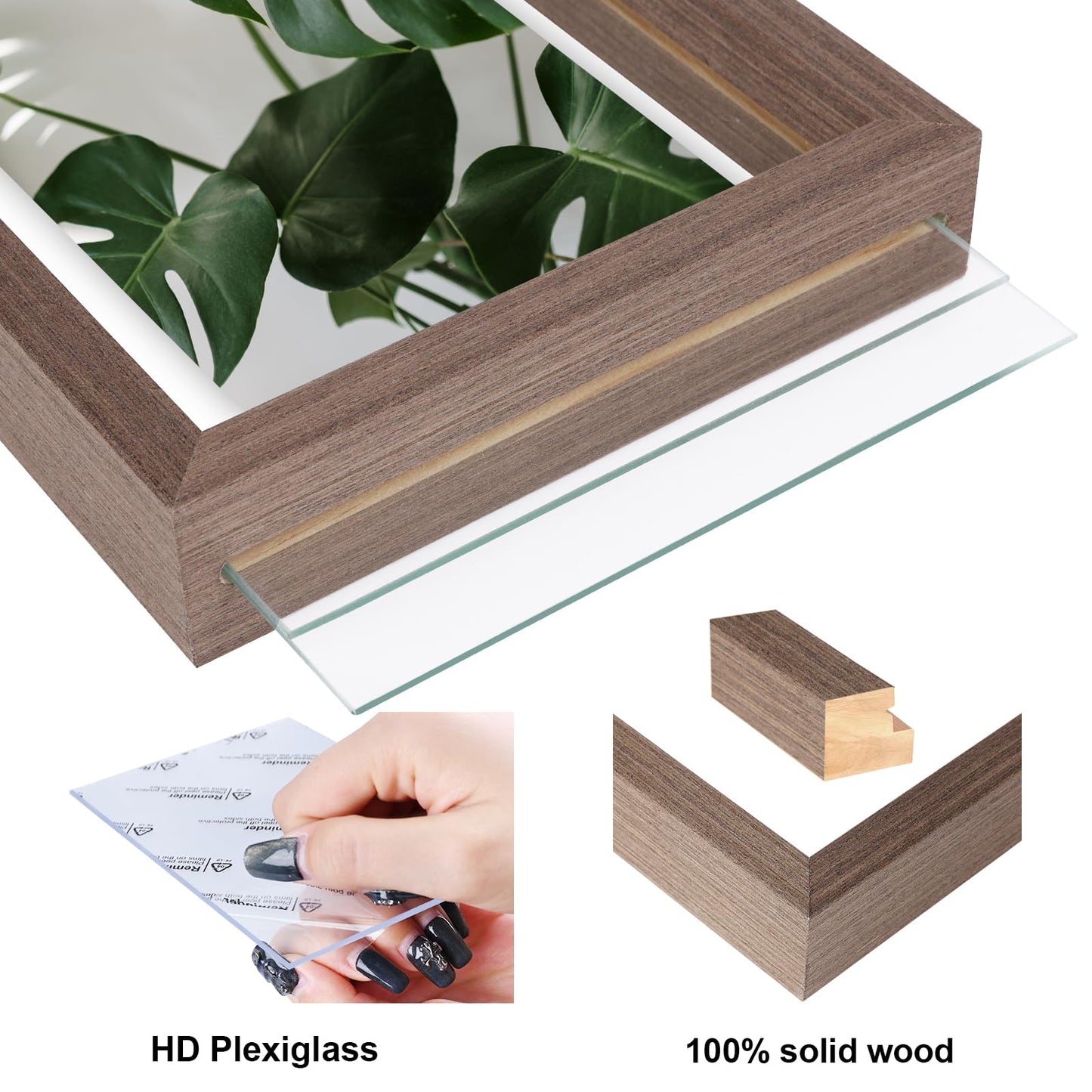 Egofine 5x7 Floating Frames Set of 2, Double Plexiglass Picture Frame, Made of Solid Wood Display Any Size Photo up to 5x7, Wall Mount or Tabletop Standing, Brown