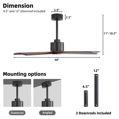 WINGBO 48" DC Ceiling Fan No Light - 5 Carved Solid Wood Blades, 6-Speed Reversible DC Motor, Ceiling Fan without Lights for Living Room Bedroom Kitchen Patio, Indoor and Outdoor, Black and Walnut