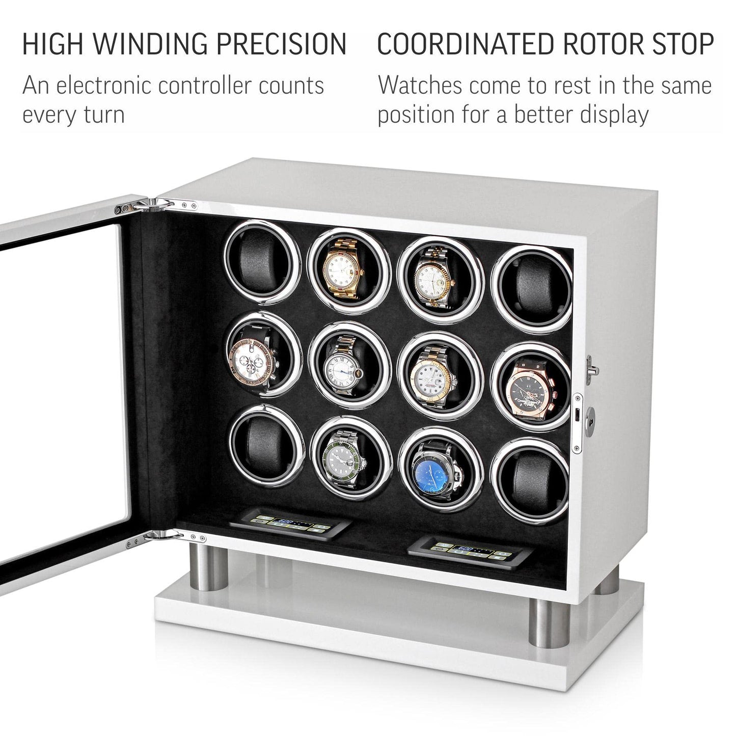 12 Watch Winder for Automatic Watches with LED Light and LCD Touchscreen Control (White)