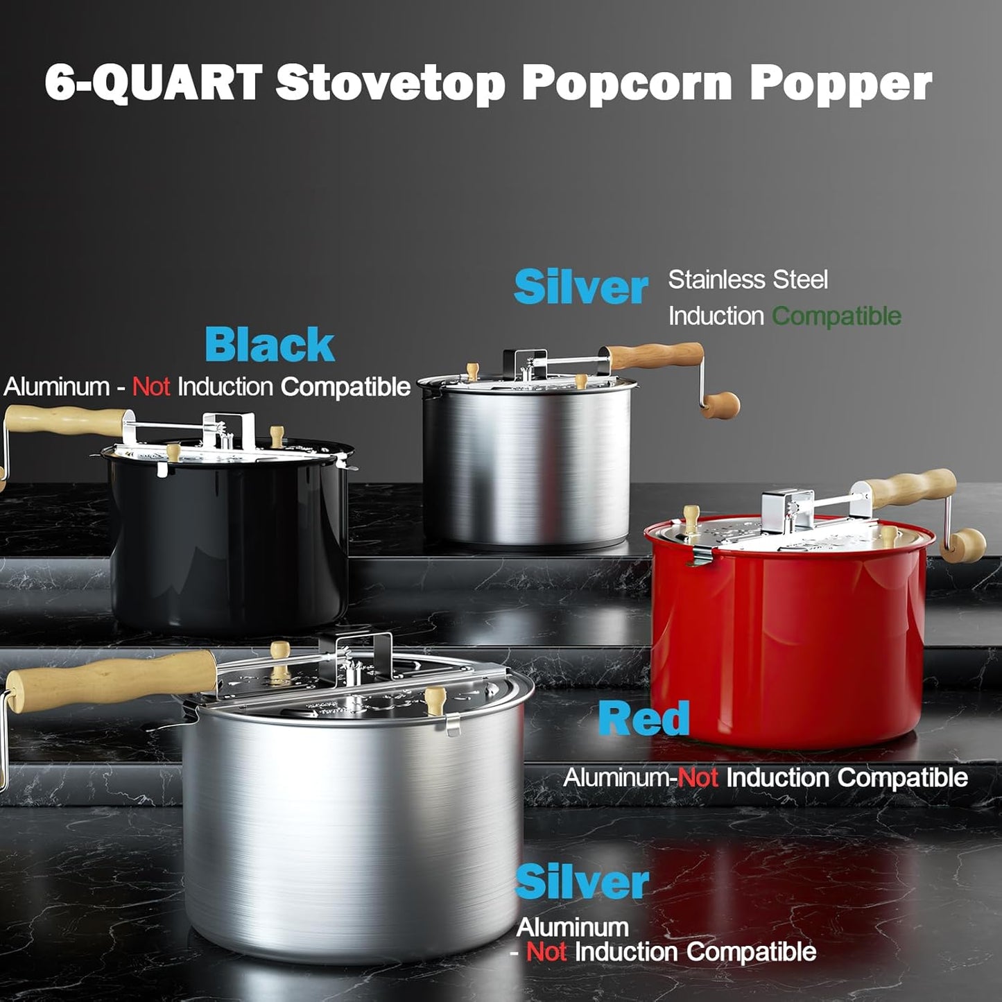 Cook N Home 6-Quart Aluminum Stovetop Popcorn Popper with Crank, Red Popcorn Pot