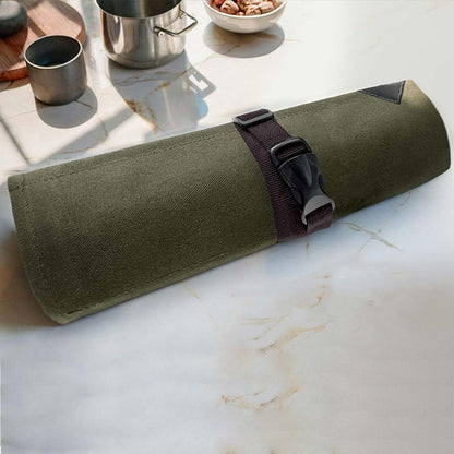 Waxed Canvas Knife Roll with Straps and Handle, Portable Travel Knifes Bag, Large Chef Knife Bag with Handle, Storage and Protection for Chef Knives, Knives Holders Protectors - Green