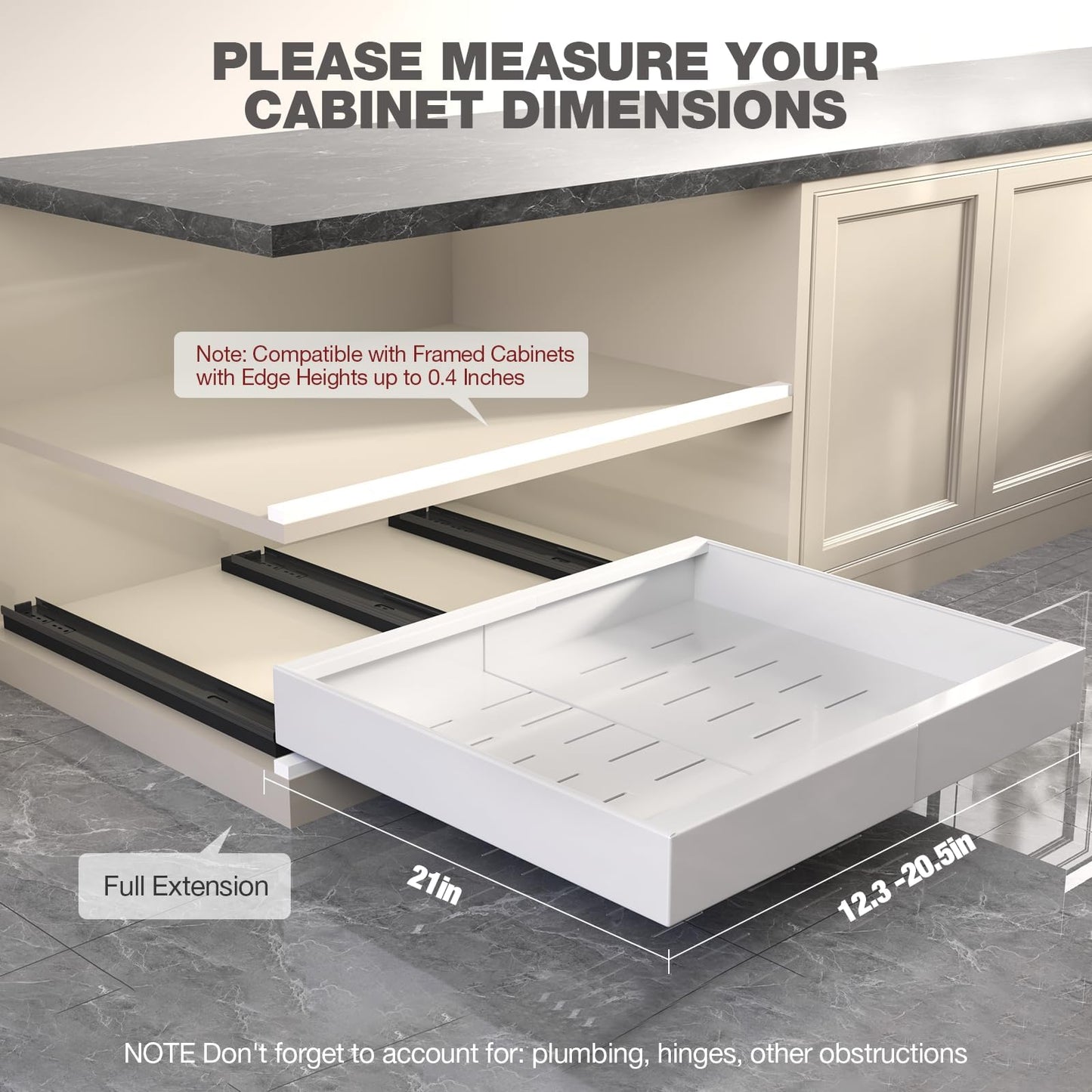 Seinloes 4 Pack Pull Out Cabinet Organizer 21" Deep,Full Extension 3 Slide Rails Slide Out Drawers With Raising Pad for Framed Cabinets,Expandable Width (12.3"-20.5"),No Drill Roll Out Shelves,White