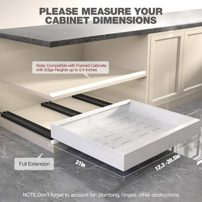 Seinloes 4 Pack Pull Out Cabinet Organizer 21" Deep,Full Extension 3 Slide Rails Slide Out Drawers With Raising Pad for Framed Cabinets,Expandable Width (12.3"-20.5"),No Drill Roll Out Shelves,White