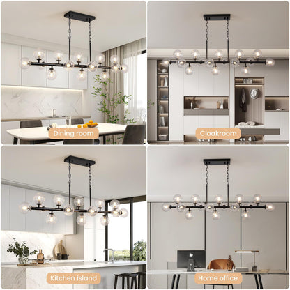 DFJL 50" Modern Linear Chandelier,Mid Century Black Finish and Transparent Pleats Glass Bubble Sputnik Pendant Light Fixtures, for Dining Room Kitchen Island Rectangle Over Table 16-Lights