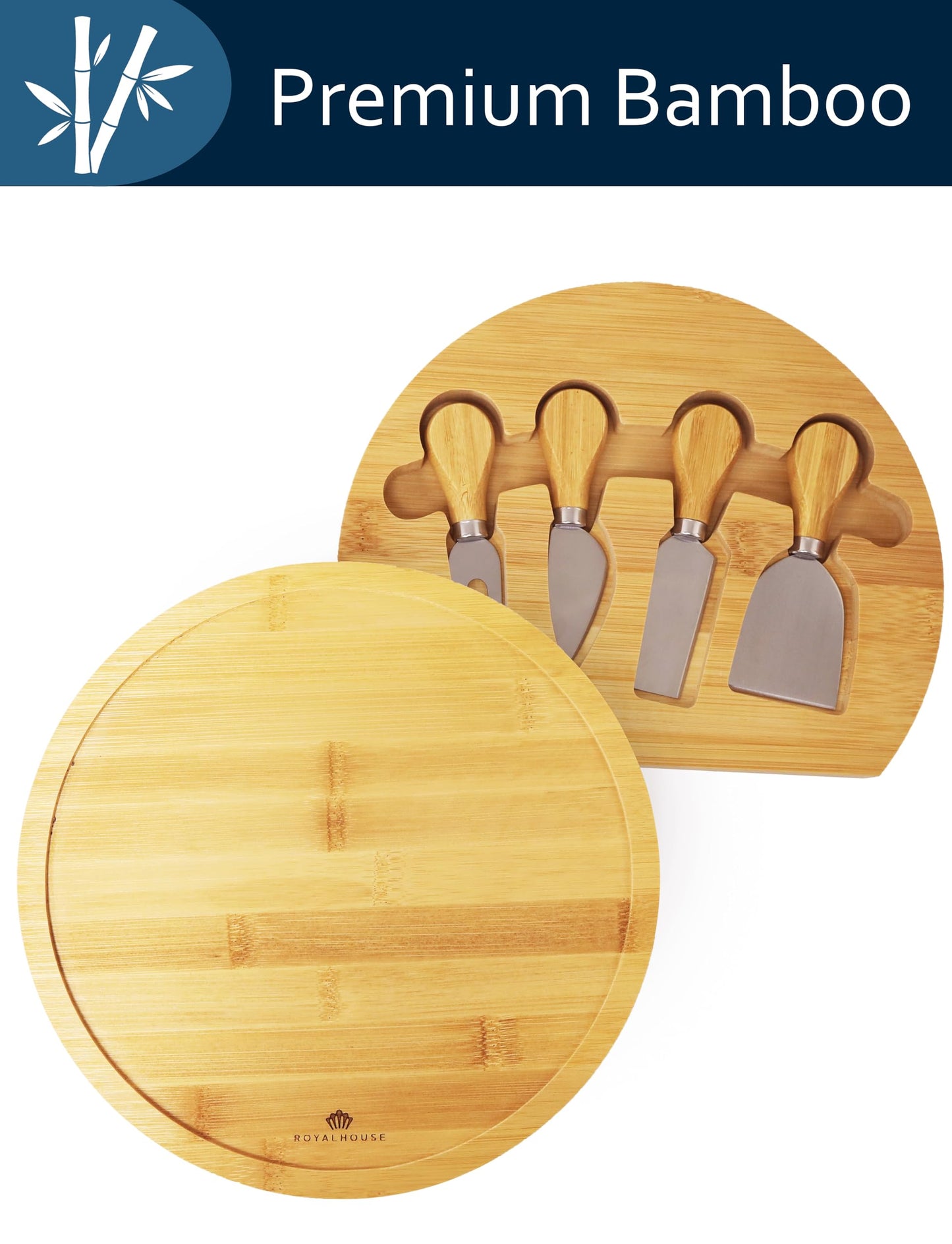 RoyalHouse Bamboo Round Cheese Board and 4 Knives Set with Slide-Out Cutlery Drawer - Charcuterie Boards Set - House Warming Gifts New Home, Wedding Gifts for Couple 2025, Bridal Shower