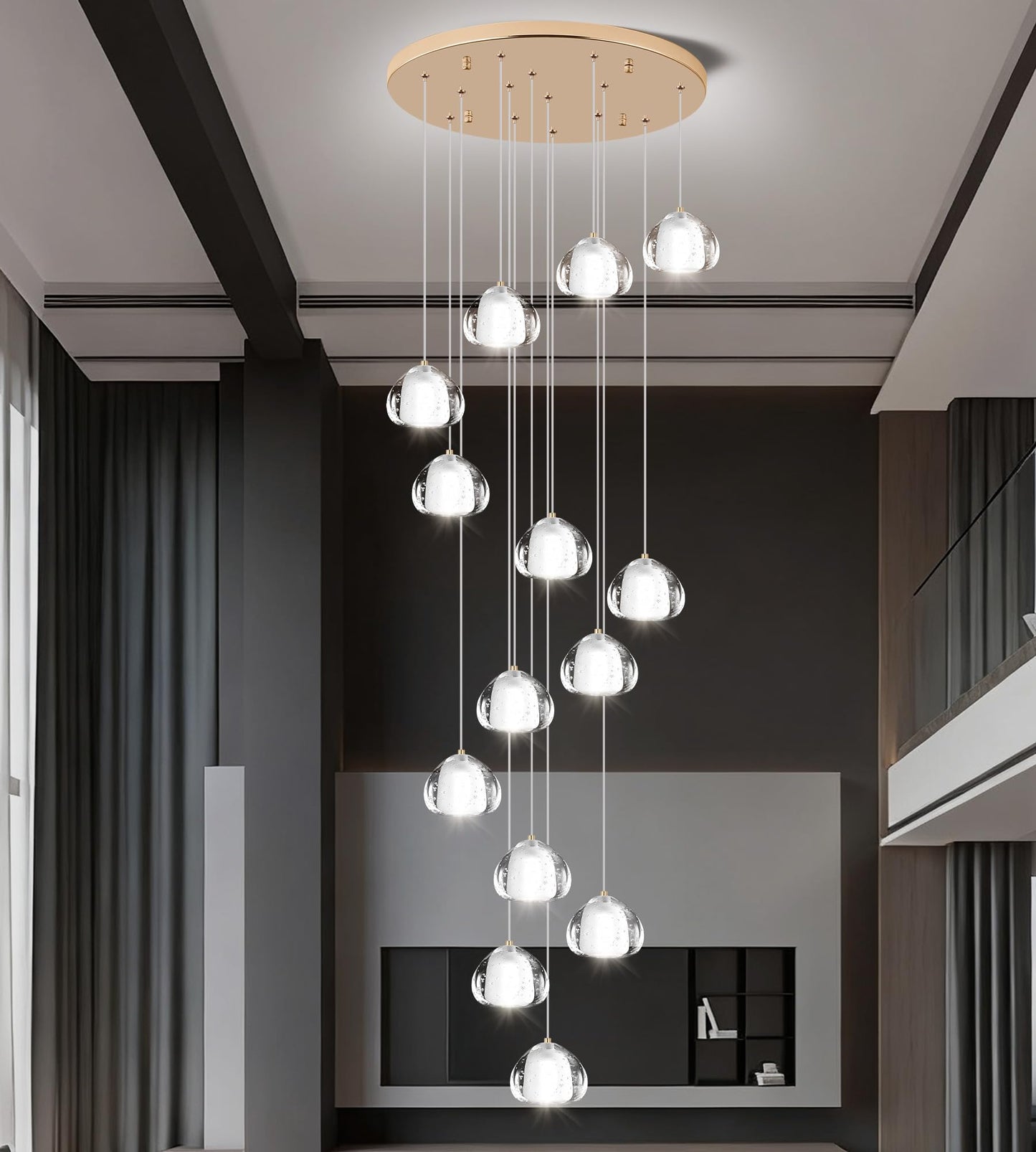 YwueChwu Gold Crystal Chandeliers for Staircase 14-Lights, H120 Inches Modern Indoor High Ceilings LED Pendant Light Fixture for Living Room Foyer Entryway