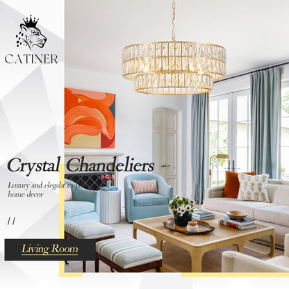 CATINER 24'' Modern Crystal Chandelier 8-Lights Luxury Gold Semi Flush Mount Ceiling Light Fixtures Round Crystal Pendant Chandelier for Living Room Dining Room Foyer Bedroom Kitchen