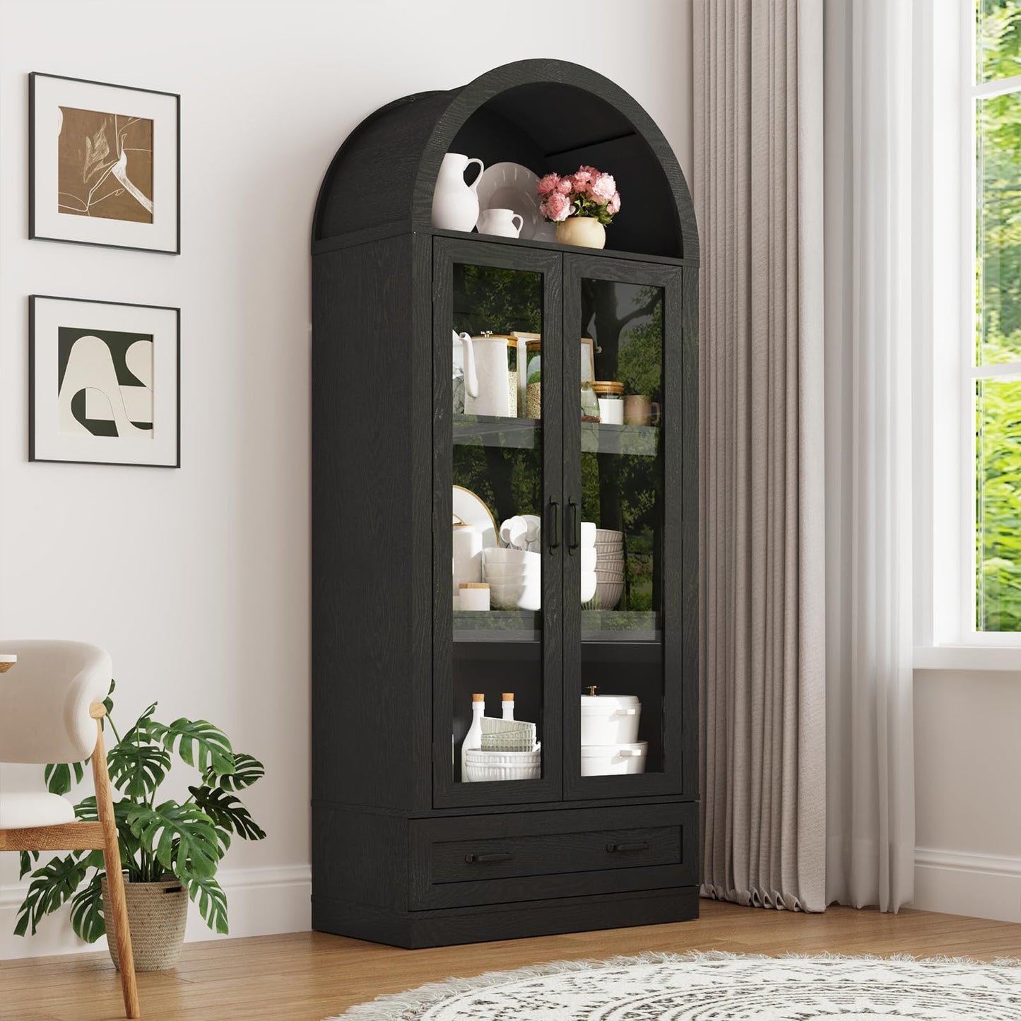 75" Tall Arched Kitchen Pantry Cabinet w Load-Bearing Steel Pipe,Modern Farmhouse Kitchens Storage Cabinet with Drawer and Glass Doors,Tall Arched Bookcase,Pantry Organizer(Woodgrain Black)