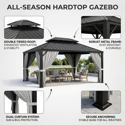 IRONCK 16'x12' Hardtop Gazebo, Update Aluminum Frame Gazebo with Galvanized Steel Double Roof, Outdoor Pergola with Curtain and Net, Backyard Canopy for Garden, Deck, Gray and Black