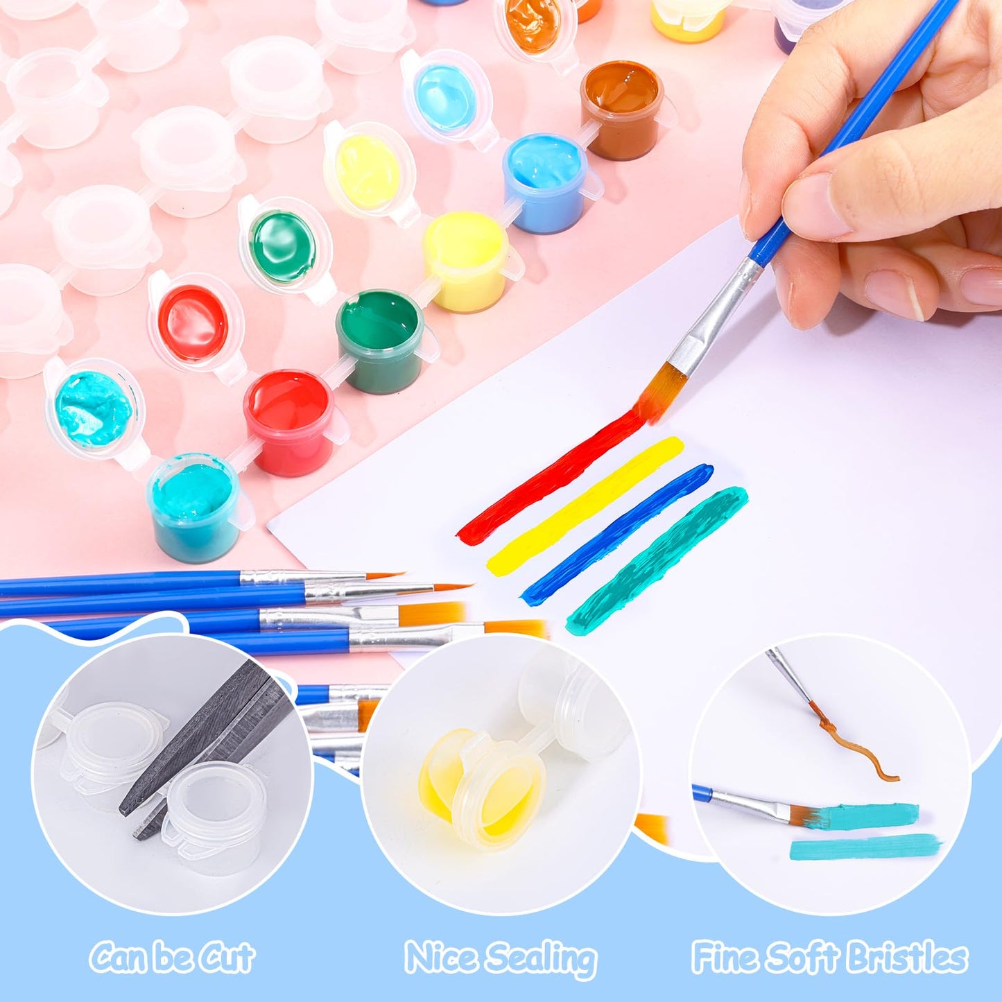 40 Strips Empty Paint Pot and 80 Pcs Paint Brushes 3 ml Mini Acrylic Paint Container with Lid Arts Crafts Supplies for Classrooms School Painting
