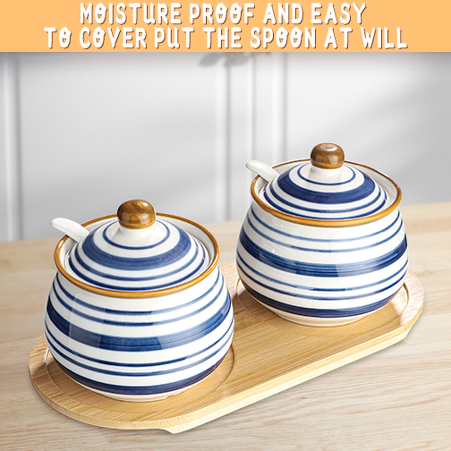 Sailench Sugar Bowl Set of 2,Ceramic Sugar Bowl with Lids and Spoon & Wooden Tray,Sugar Jars for Coffee Bars and Home Kitchens(2, Large)