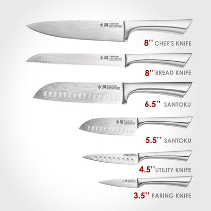 Cuisine::pro Damashiro Knife Block (Kumi, 7-Piece Chef Knife Set) - Japanese Steel Knife - Magnetic Knife Block- Damascus-Inspired Blade Kitchen Knives