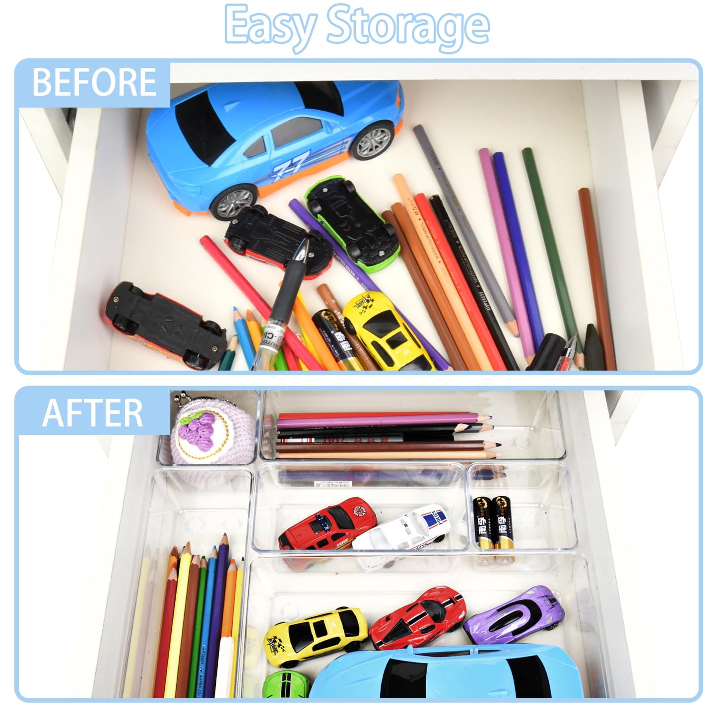 Manalete Drawer Organizers Set of 15, 4 Sizes Clear Plastic Drawer Organizers and Storage Bins for Kitchen, Bathroom, Office, Dresser Desk Drawer Organizer Tray for Jewelry, Makeup, Junk, Gadgets