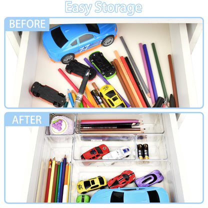 Manalete Drawer Organizers Set of 15, 4 Sizes Clear Plastic Drawer Organizers and Storage Bins for Kitchen, Bathroom, Office, Dresser Desk Drawer Organizer Tray for Jewelry, Makeup, Junk, Gadgets