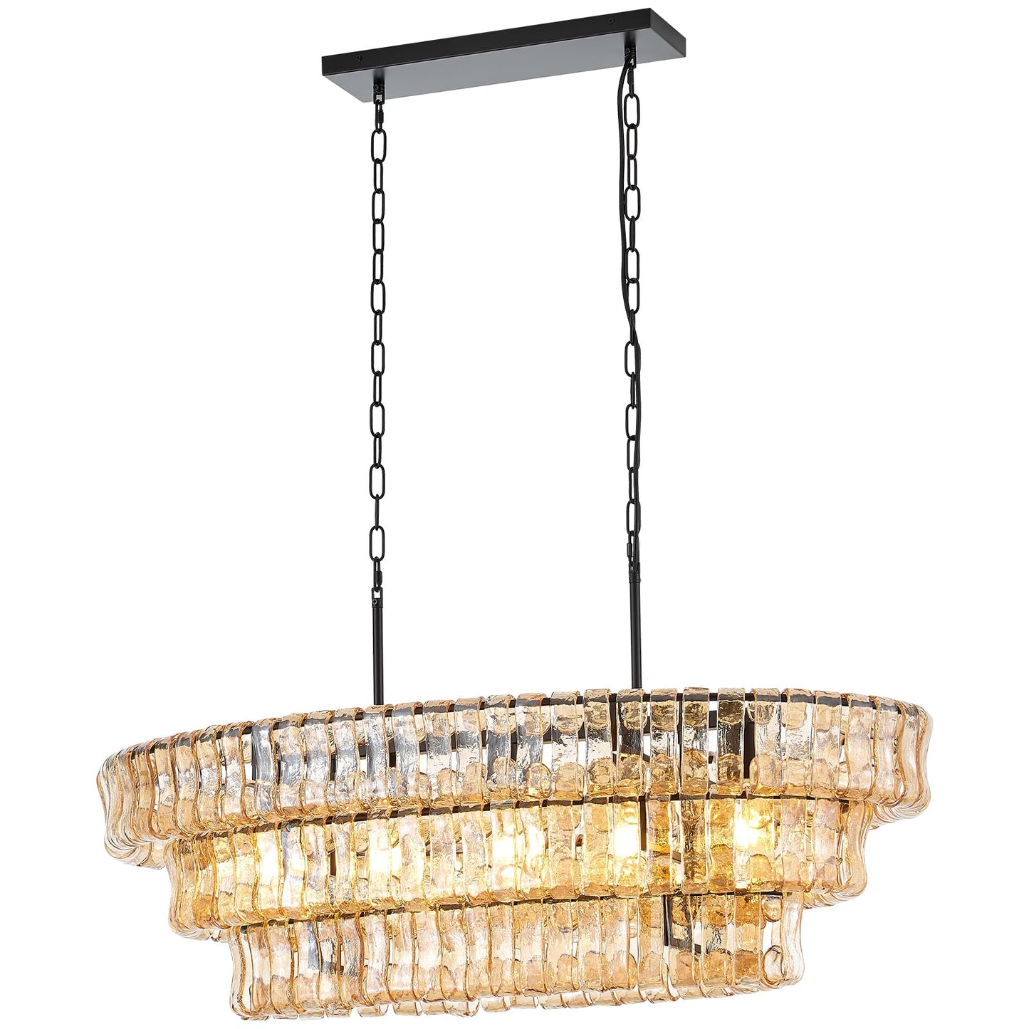 VANZARLA Large Modern Chandelier with Unique Amber Glass Shade, 3-Tier Dining Room Light Fixture, Farmhouse Chandelier for Kitchen Island Living Room Foyer