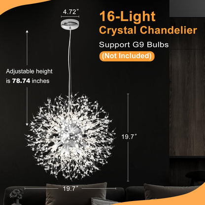 Yiisem Dandelion Crystal Chandeliers, 16-Light Chrome Modern Round Firework Pendant Lighting, Hanging Chandelier Light Fixtures for Dining Room Bedroom Living Room Kitchen Aisle Girls Room