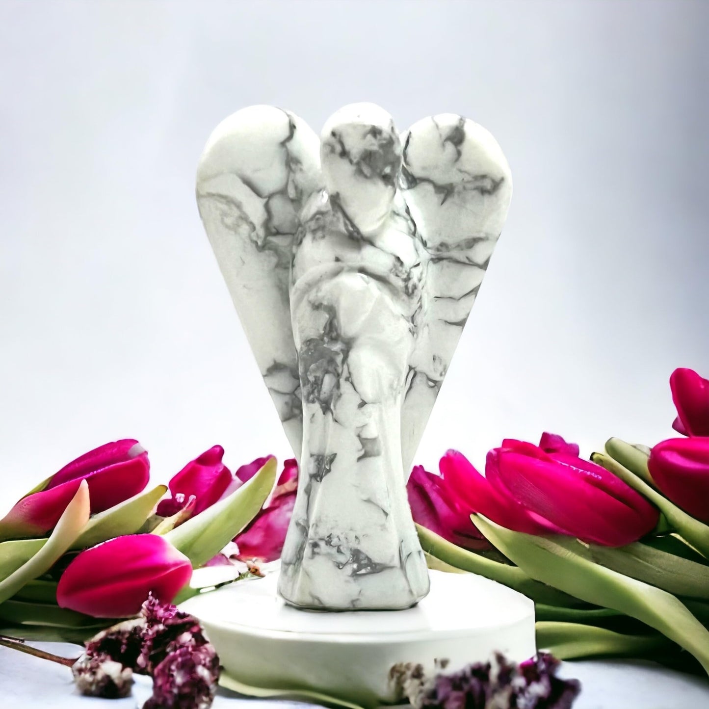 ANAYA AGATE Howlite Angel Statue 2" Certified Gemstone Guardian Angel Natural Crystal Hand-Carved Angel Charms for Calmness, Awareness, Peace, Self-Control & Positive Energy Crystal Figurines Decor