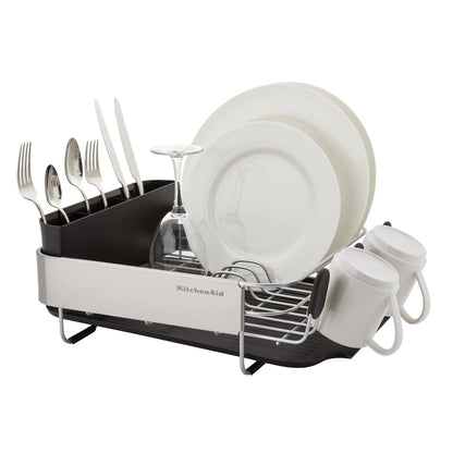 KitchenAid Compact, Space Saving Rust Resistant Dish Rack with Removable Flatware Caddy and Angled Self Draining Drainboard, 16.06-Inch, Black