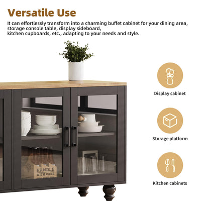 Ball & Cast Farmhouse TV Stand with Tempered Glass Doors for TVs up to 70",Sideboard Buffet w/5 Solid Wood Gourd-Shaped Legs & Adjustable Shelf,Entertainment Center for Living Room,Black+Natural