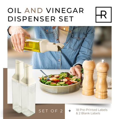 RASOI Oil Dispenser Bottle – Set of 2 17oz/500ml Oil and Vinegar Dispenser - Drip-Free Spout Glass Oil Dispenser – Kitchen Oil Dispenser with Automatic Pouring Lid - Olive Oil Bottle for Cooking