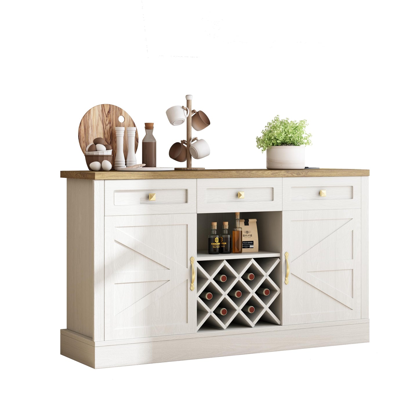 JGOEI 55.12" Kitchen Cabinet Storage, Farmhouse Coffee Bar with Power Outlet, Wood Cabinet with 3 Drawer, Removable Wine Rack for Dining Room, Kitchen, Living Room, White