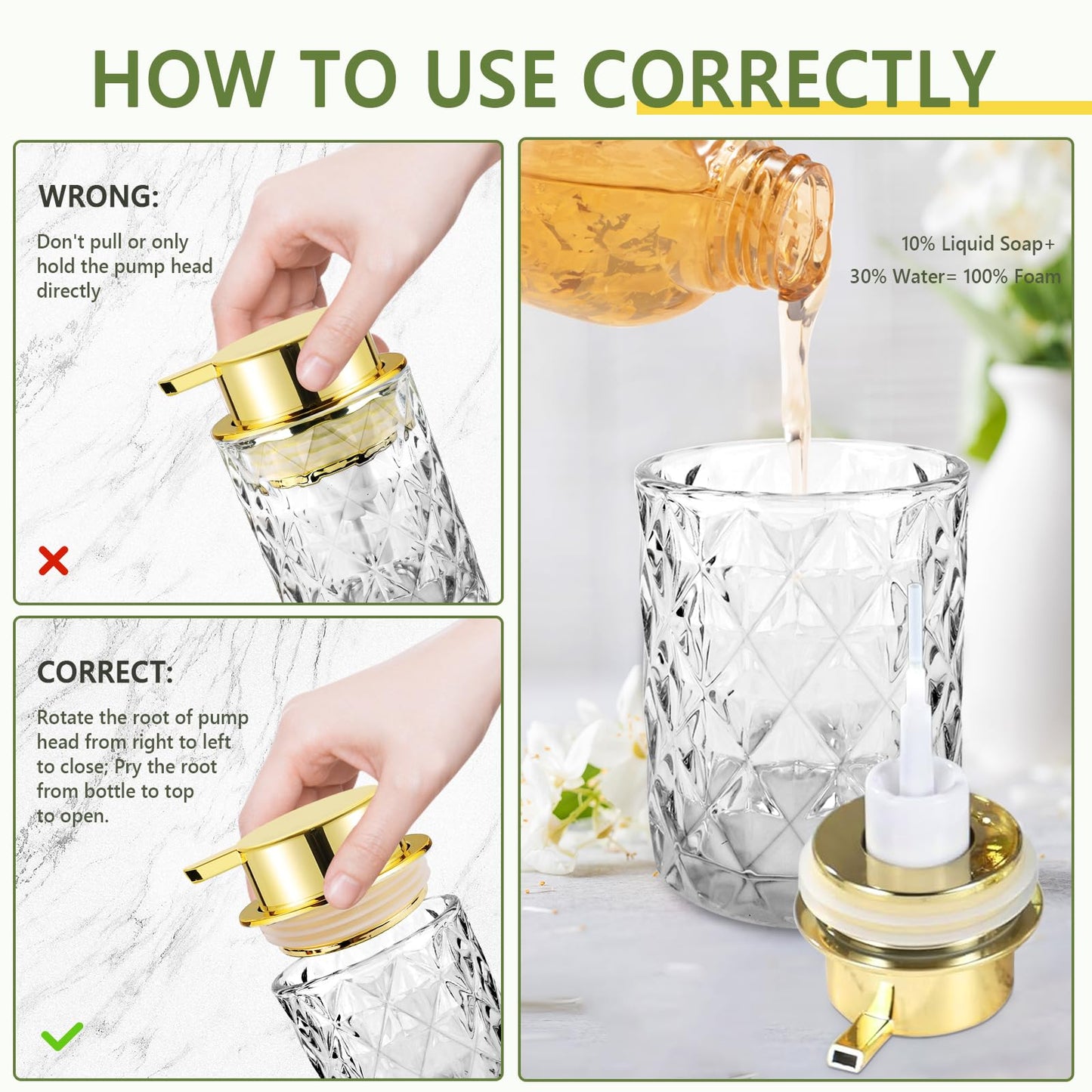 Abriclo Glass Foaming Soap Dispenser 2 Pack Refillable Foaming Hand Soap Dispenser with Gold Large Pump Wide Opening for Bathroom Kitchen Countertop Modern Home Decor with Elegant Pattern, Transparent