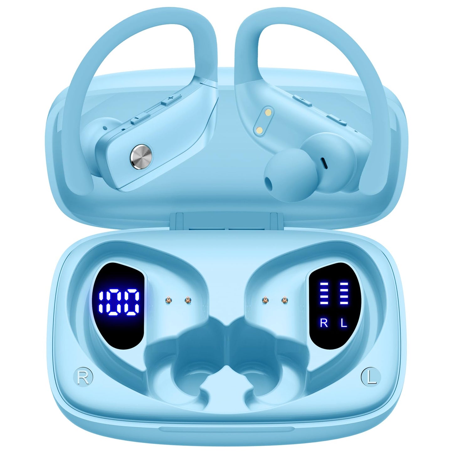 bmani Ear Buds Wireless Earbuds Bluetooth Headphones with 80H Playtime LED Display Case, Over-Ear Hook with Mic, Stereo Sound, Easy Button Controls, Sports Earphones for Running Workout Sky Blue