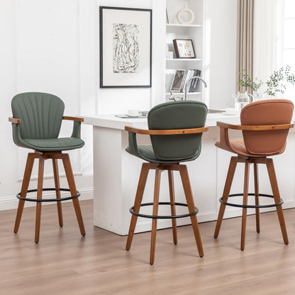 LUNLING 30” Bar Height Stools Set of 3.Mid Century Modern Bar Stools,Green PU Leather Kitchen Island Stools,Wood High Barstools Swivel with Back and Arms for Home Bar Furniture