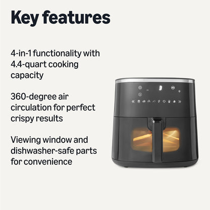 Amazon Basics 4.4-Quart Air Fryer with Easy View Window, 8 Preset Menus, 1400W, Black