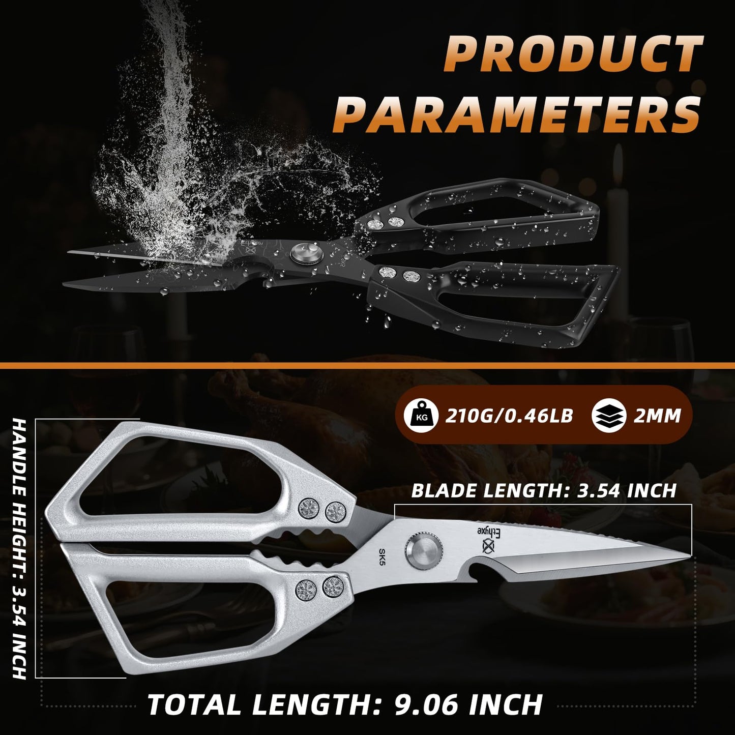 Ethyxe Kitchen Scissors Set - Heavy Duty Japanese Style, Dishwasher Safe, All Purpose Meat Cutting Shears, Sharp Food Scissors for Chicken Bones, Turkey, Fish & Vegetables