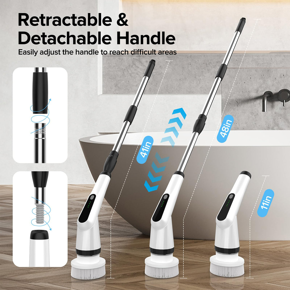 Electric Spin Scrubber, Dreazu IPX7 Shower Scrubber with 7 Replaceable Brush Heads & Retractable Handle, 2-Speed Adjustable Shower Cleaner for Bathroom,Toilet, Bathtub, Kitchen, Tile Floors
