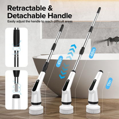 Electric Spin Scrubber, Dreazu IPX7 Shower Scrubber with 7 Replaceable Brush Heads & Retractable Handle, 2-Speed Adjustable Shower Cleaner for Bathroom,Toilet, Bathtub, Kitchen, Tile Floors