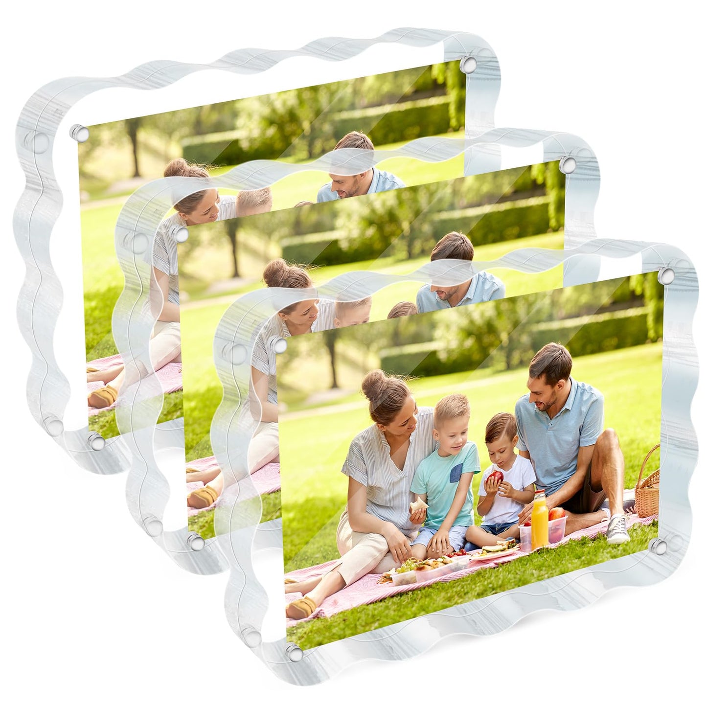 laapee 4x6 Acrylic Picture Frame 3 Pack, 10+10mm Thicker Magnetic Acrylic Frame, Double Sided Display, Anti-fading, Clear Block Scalloped Photo Frames Freestanding for Desktop Display