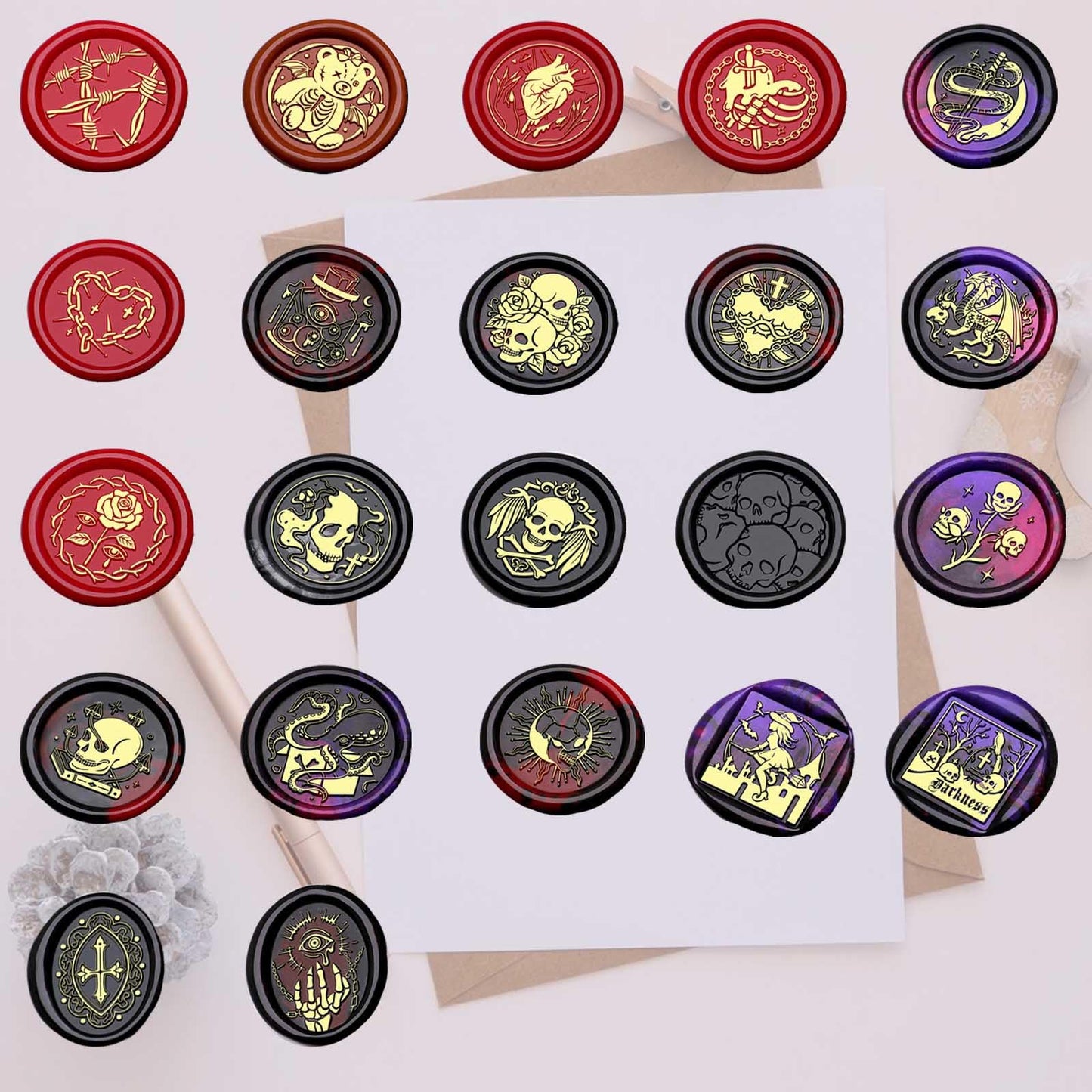 Dark Series Wax Stamp Kit- 22 Pieces Vintage Evil Sealing Wax Stamps with 2 Pieces Handles for Envelope Sealing,Halloween (Skulls, Bats, Witches, Dragons, Roses...)