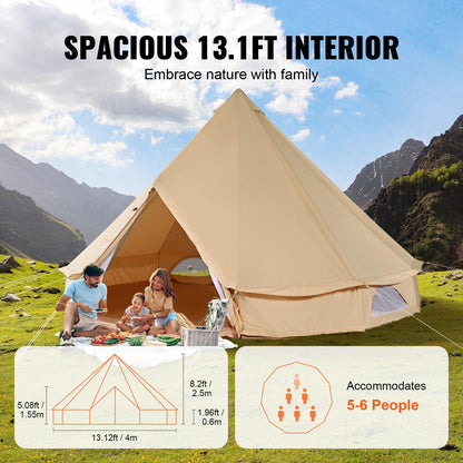 VEVOR Canvas Tent Bell Tent, 4 Seasons 4 m/13.12 ft, for Camping with Stove Jack, Family Camping Outdoor Hunting Party