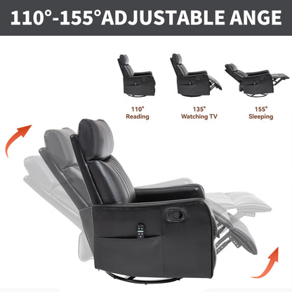 KEIKI 4-in-1 Manual Swivel Rocker Recliner Chair for Living Room, Faux Leather Nursery Glider Rocking Chairs with Back Massager & Heat, Tailored for Quiet Afternoon Tea Relaxation Moments, Black