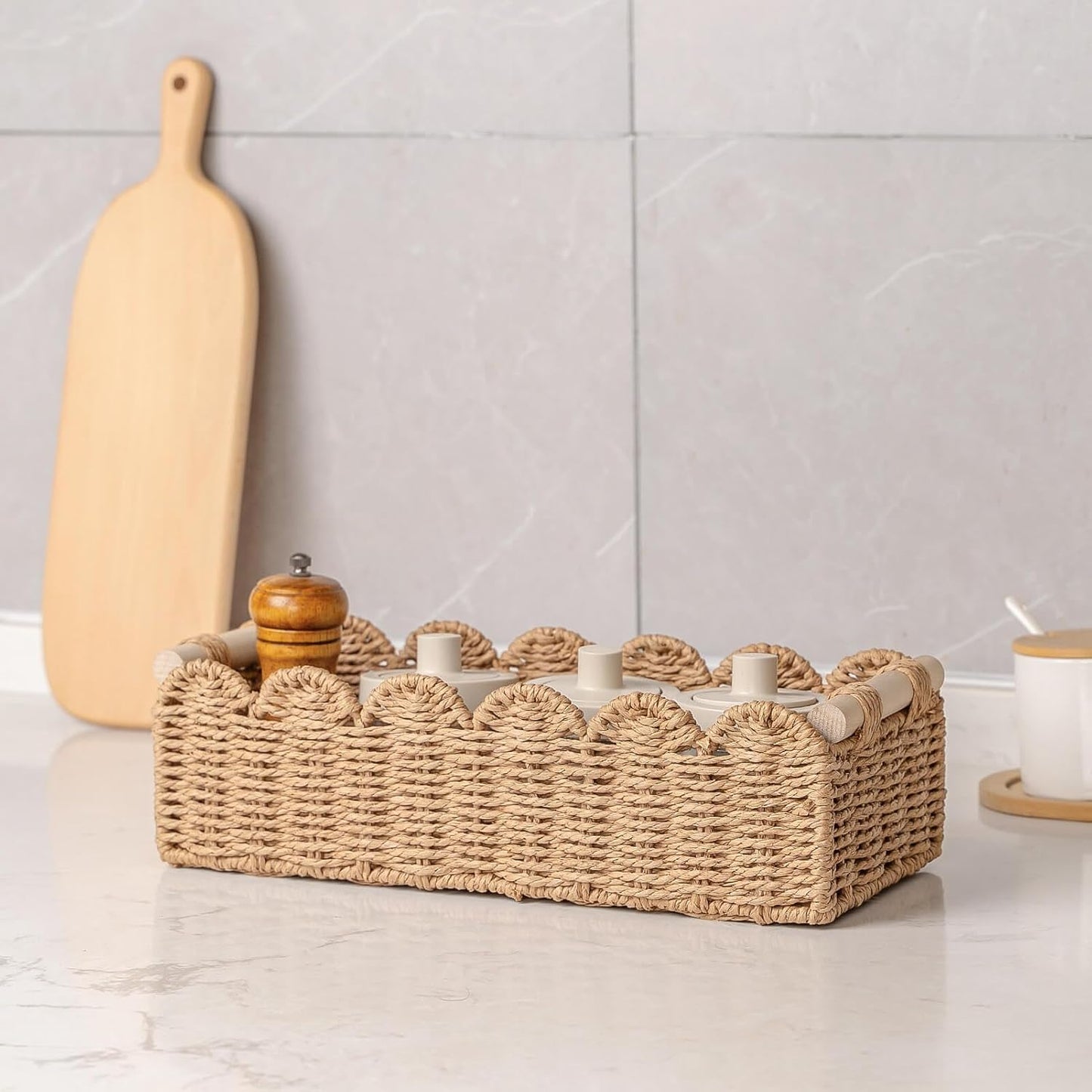 2 CubesLand Paper Rope Scalloped Edge Toilet Paper Storage Basket, Small Living Room, Bedroom Decor Baskets for Over