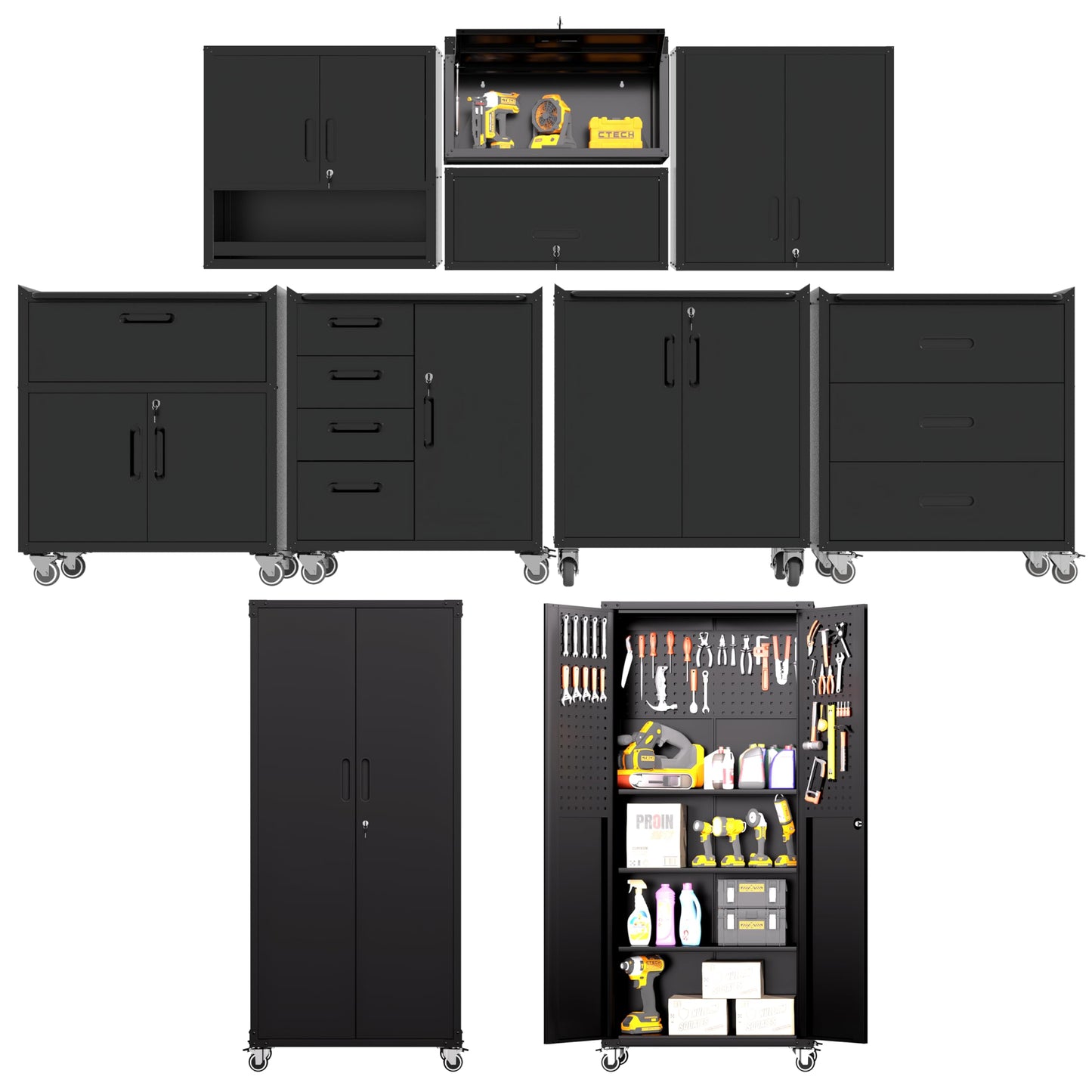 VIYET Metal Tool Cabinet,Garage Storage Cabinet System,Wall Cabinet & Locking Rolling Tool Cabinet with Doors and Adjustable Shelves,Steel Tool Cabinets for Home
