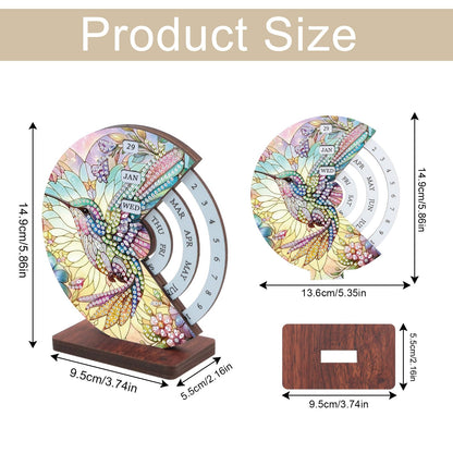 MVVMTOP Diamond Painting Wooden Rotating Calendar Kit, Hummingbird Design Special Shape Diamond Art Handicraft Kit, Rotating Day Month Week and Reusable Calendars, Ideal for Desk Decor & Gift