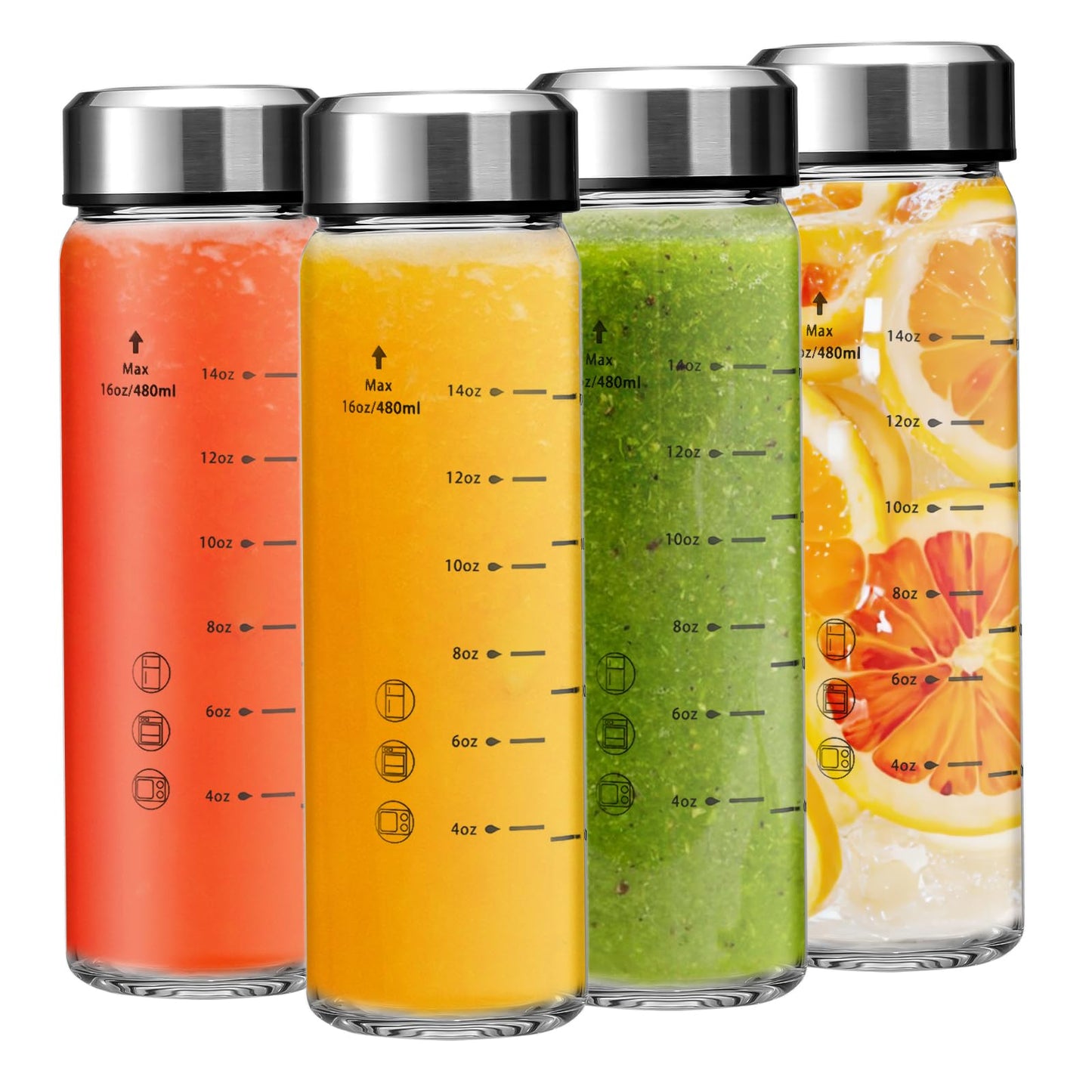 Olivego 16oz Juice Bottles - 4 Pack Wide Mouth Glass Bottles with Lids- BPA Free, Stainless Steel Lids for Juicing, Smoothies, Infused Water, Beverage Storage - Leakproof, Borosilicate, Clear