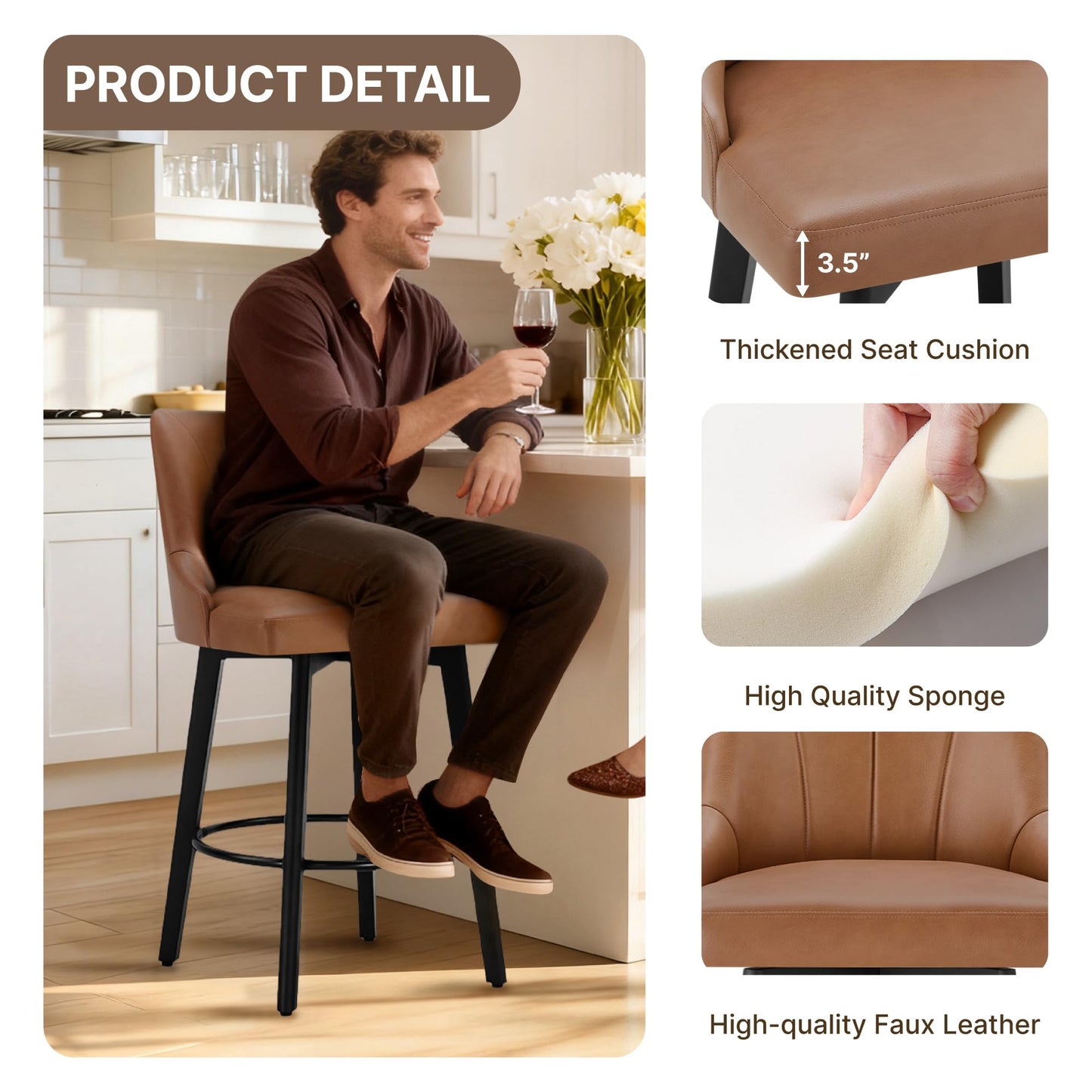 24" Counter Height Bar Stools Set of 4, Swivel Bar Stools with Backs, Faux Leather Upholstered Counter Barstools with Solid Wood Legs for Kitchen Island,Brown